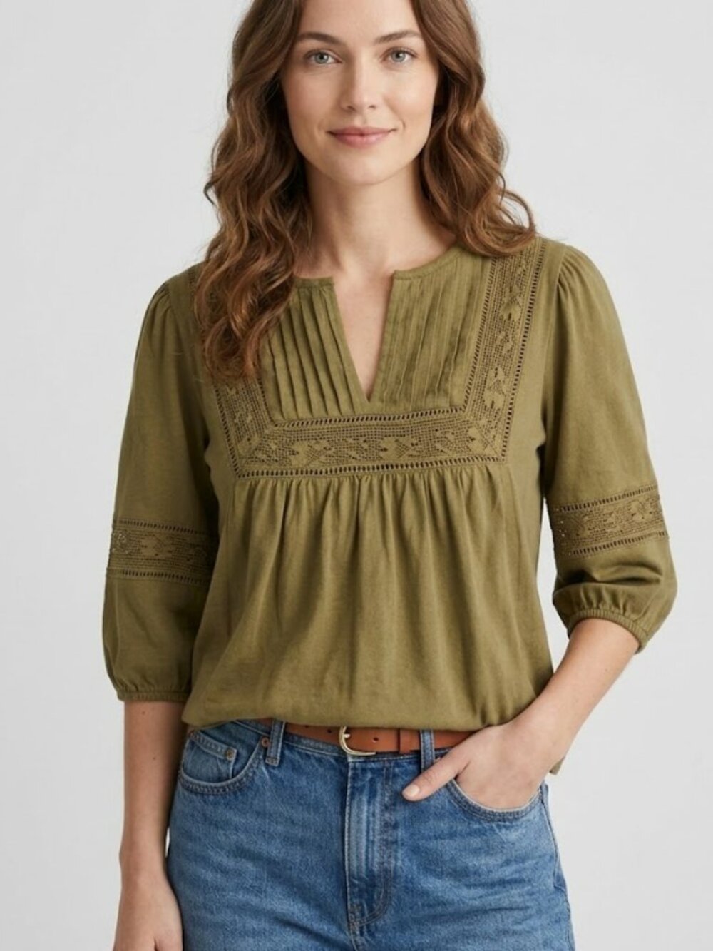 J. Crew Lace-Trim Puff-Sleeve Shirt in Broken-in Jersey